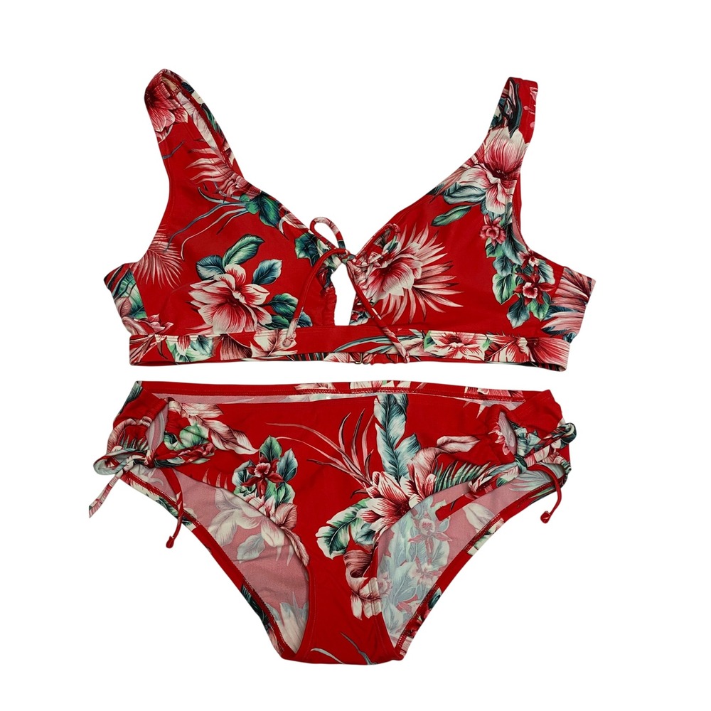 Kona Sol Red Hibiscus Floral Bikini Set‎ Lace Up Top Side Tie Bottom XL NEW